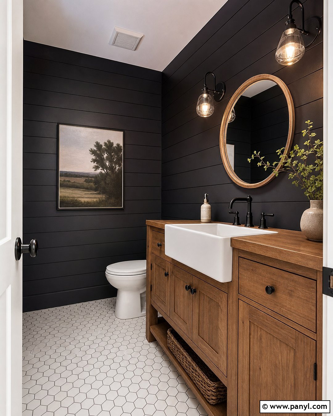 Black Shiplap Walls With Farmhouse Decor - 20 Black Walls Half Bath Ideas