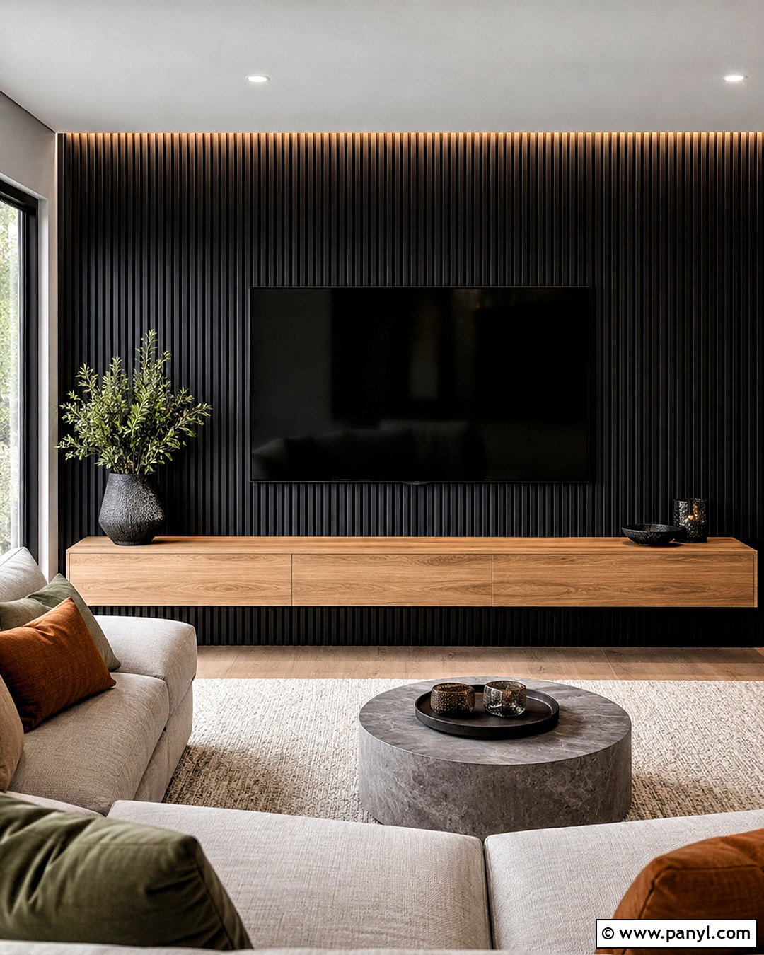 Black Slat TV Wall - 20 dark paneled walls