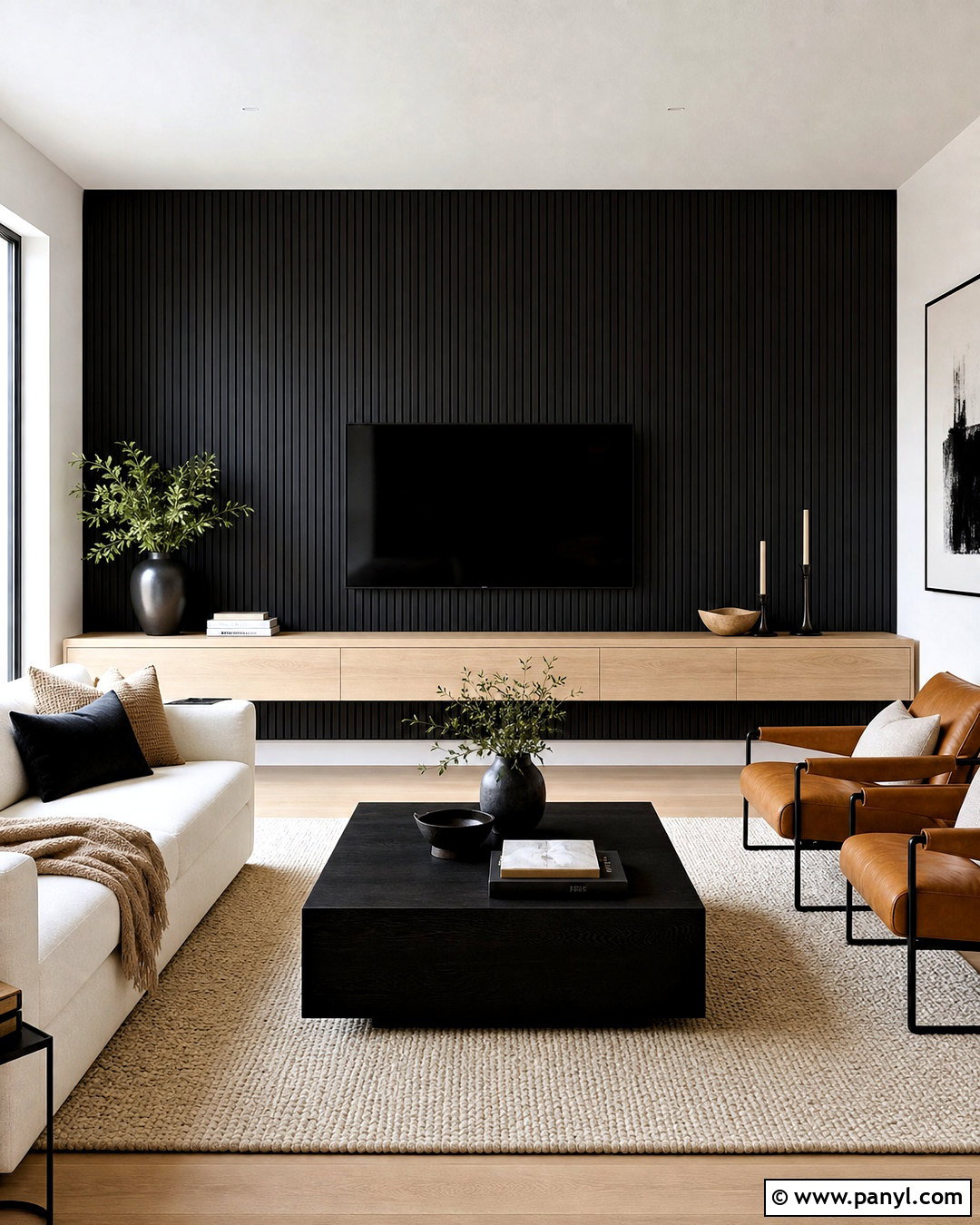 Black Slat TV Wall With Light Wood Furniture - 20 slat wall behind tv ideas