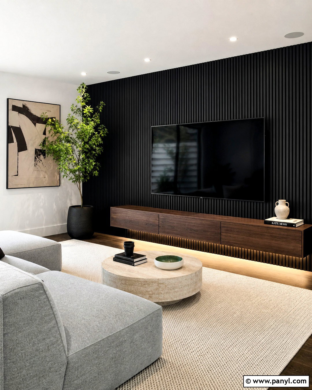 Black Slat TV Wall - 20 black statement wall ideas