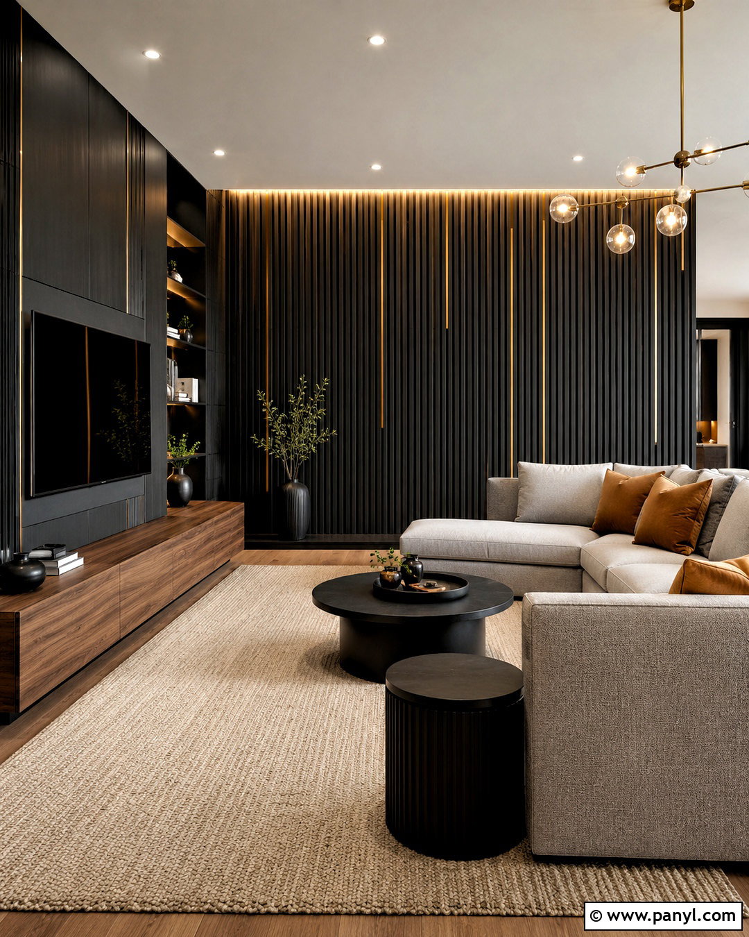 Black Slat Wall With Gold Inlays - 20 black and gold accent wall ideas