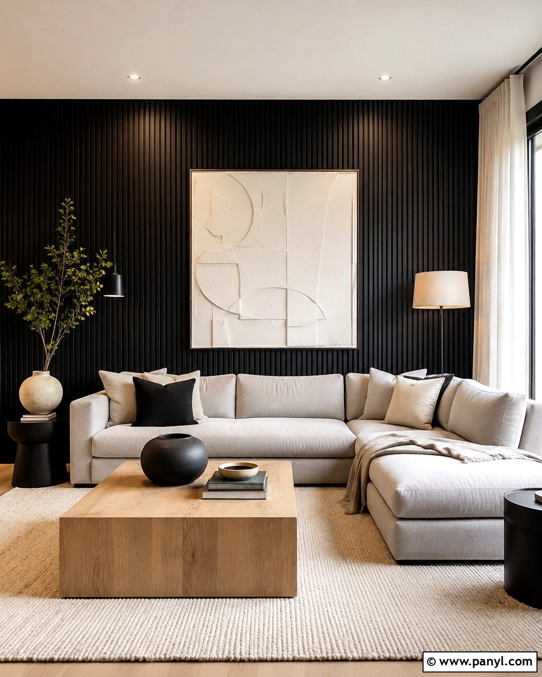 Black Slat Wall With White Artwork - 20 Black And White Statement Wall Ideas