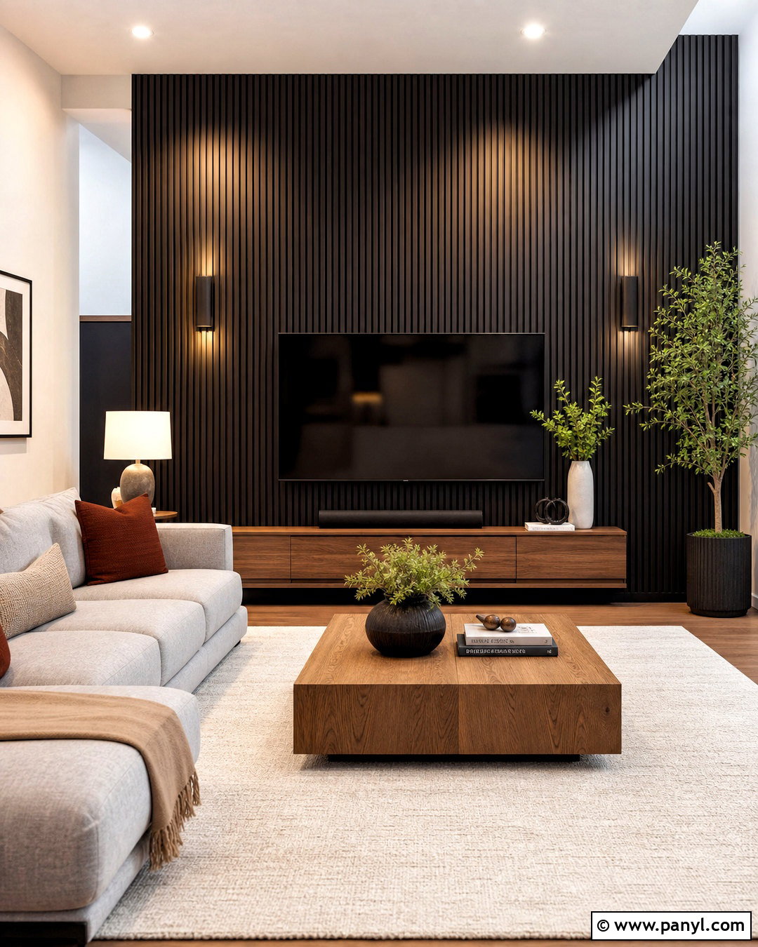 Black Slat Wood Accent Wall - 20 dark accent wall living room ideas