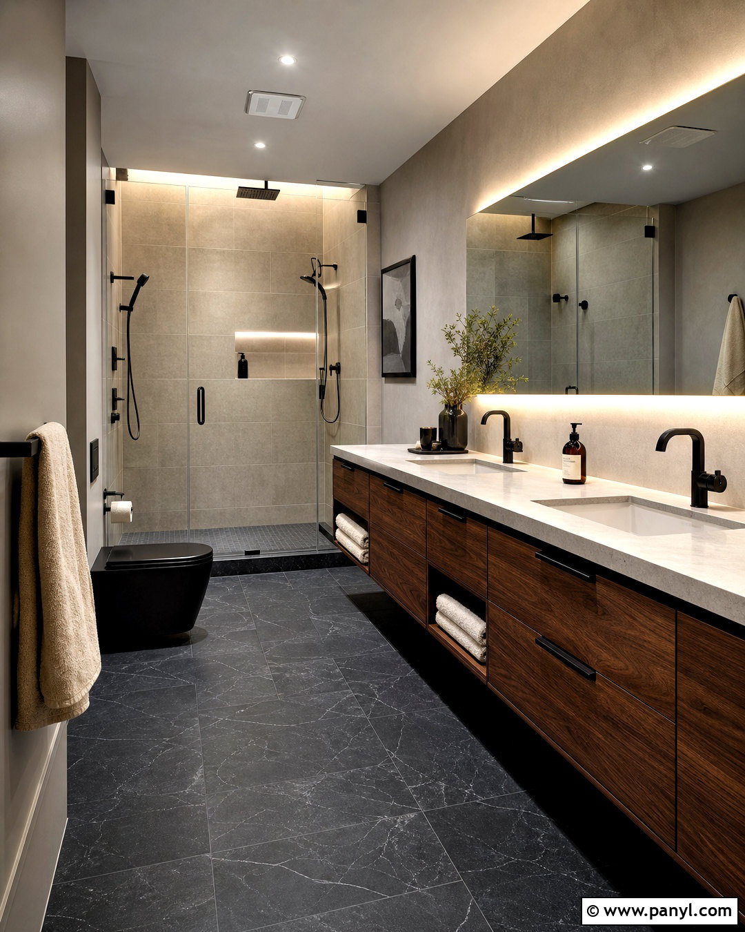 Black Slate And Warm Wood Bathroom Tile Combination - 20 tiles combination for bathroom ideas