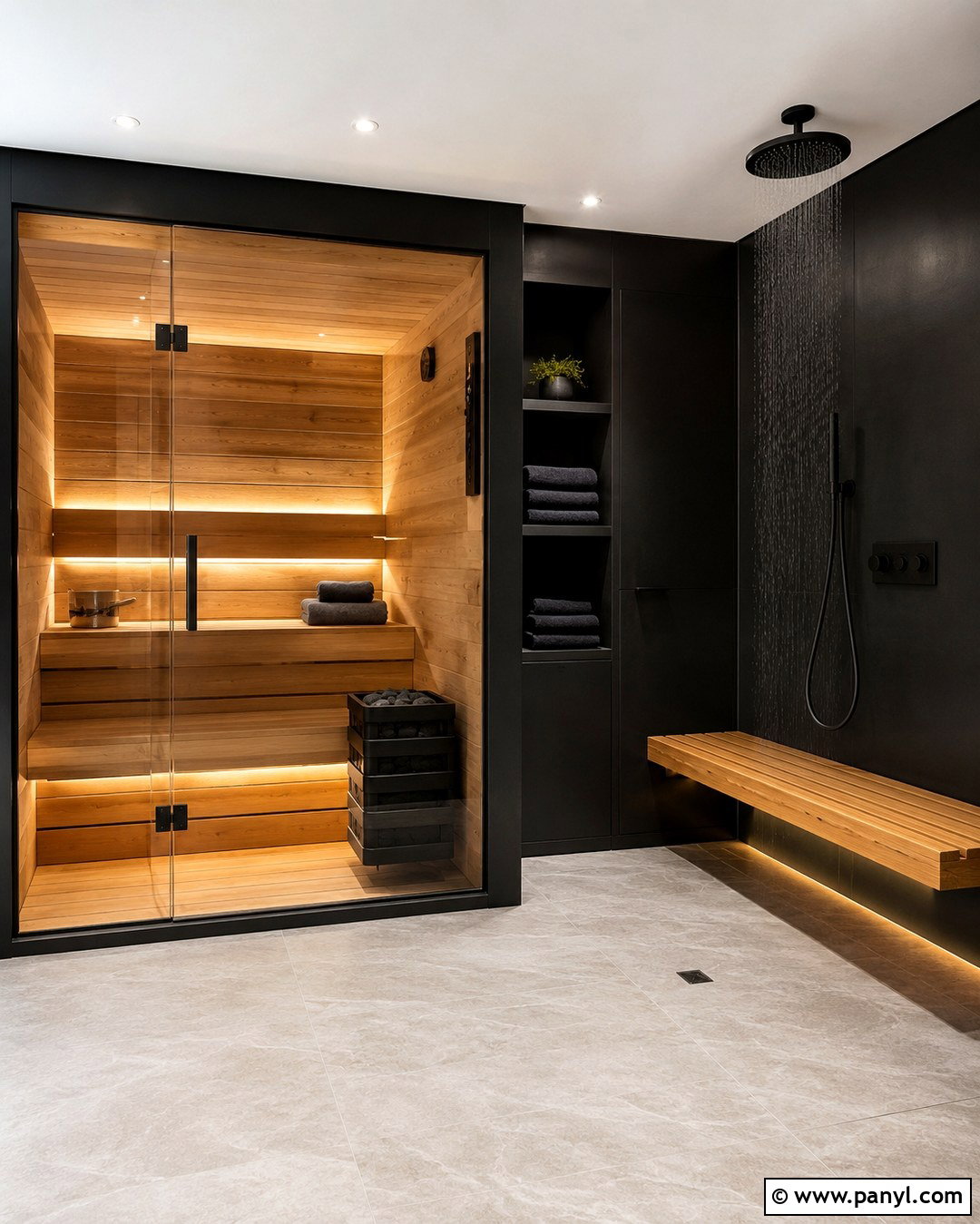 Black Spa Room With Cedar Sauna - 20 Black Wall Spa Room Ideas