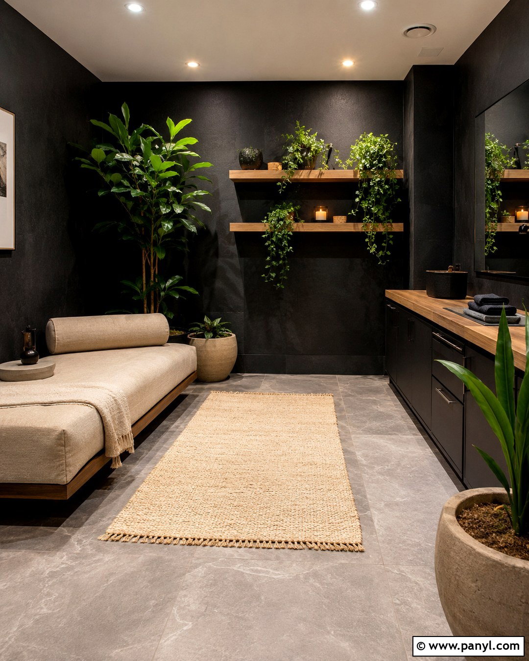 Black Spa Room With Greenery - 20 Black Wall Spa Room Ideas
