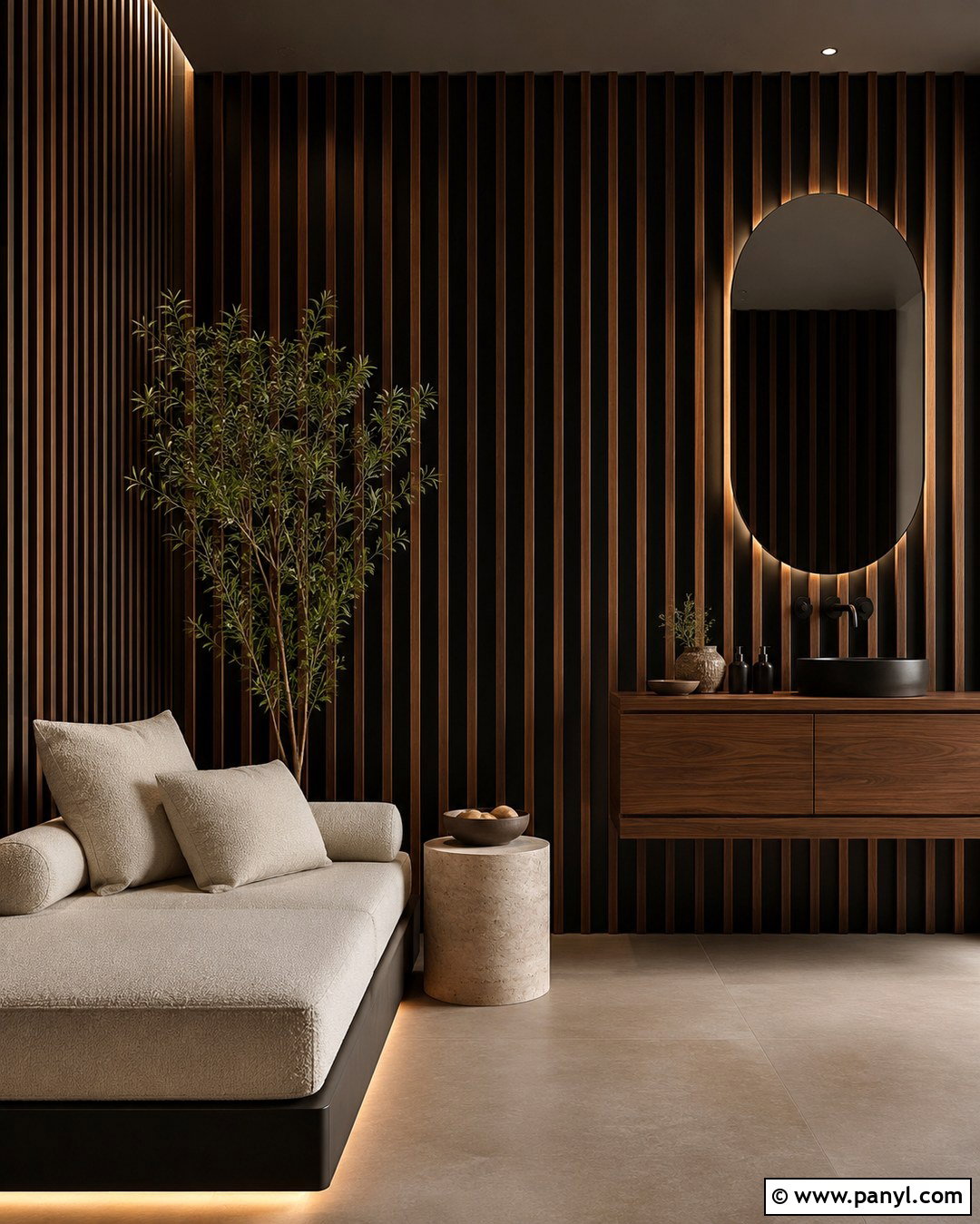 Black Spa Room With Slatted Wood - 20 Black Wall Spa Room Ideas