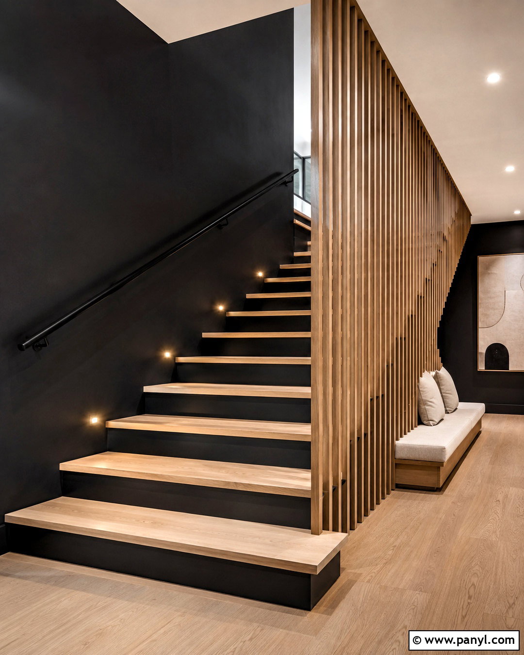 Black Stair Wall With Wood Slat Railing - 20 black wall with wood slats