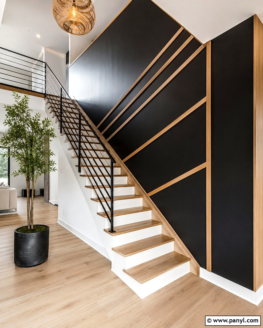 Black Staircase Wall With Angled Wood Trim - 20 Black Accent Wall With Wood Trim Ideas