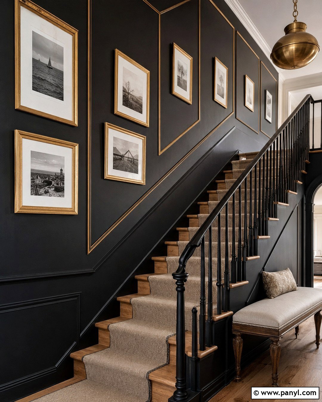Black Staircase Wall With Gold Trim - 20 Black Walls Gold Trim Ideas