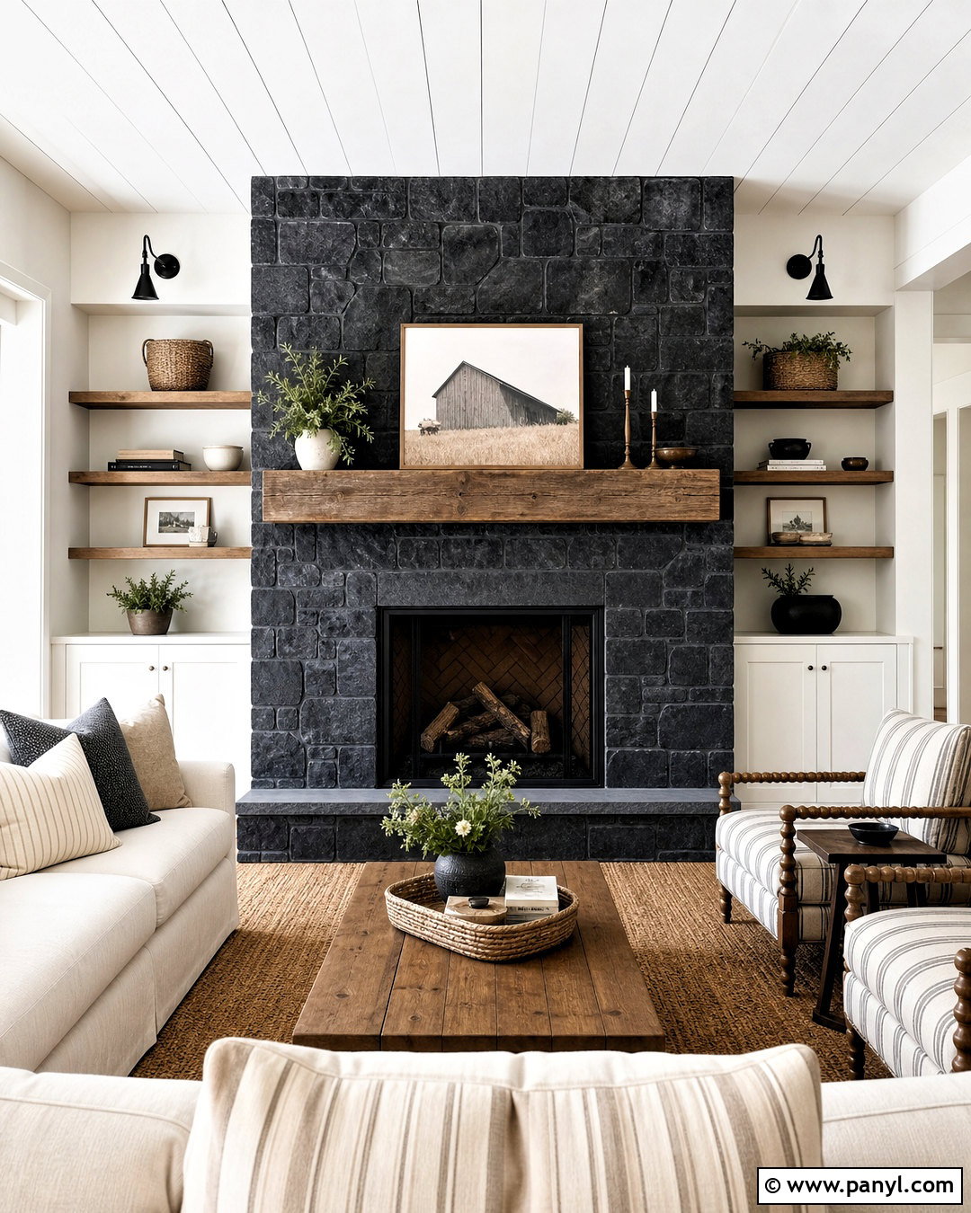 Black Stone Fireplace In Farmhouse Living Room - 20 black stone fireplace ideas