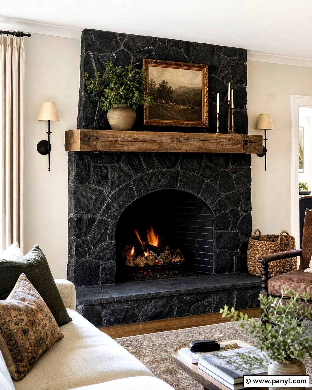 Black Stone Fireplace With Arched Firebox - 20 black stone fireplace ideas