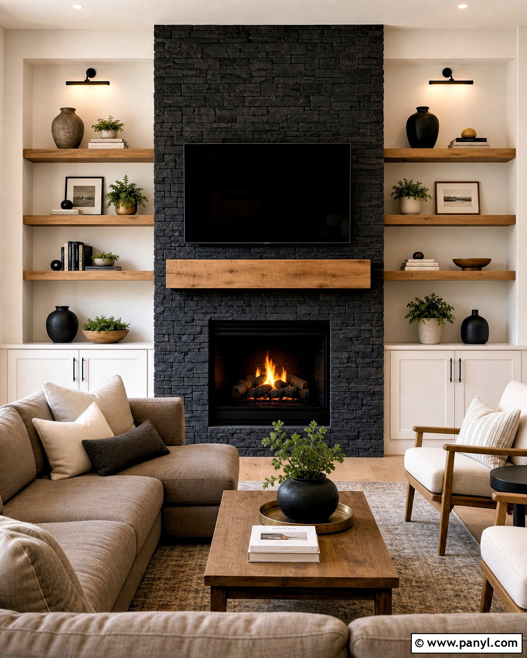 Black Stone Fireplace With Built-Ins - 20 black stone fireplace ideas