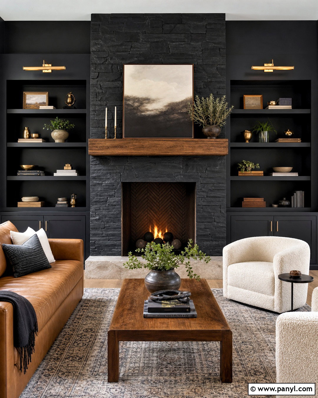 Black Stone Fireplace With Dark Walls - 20 black stone fireplace ideas