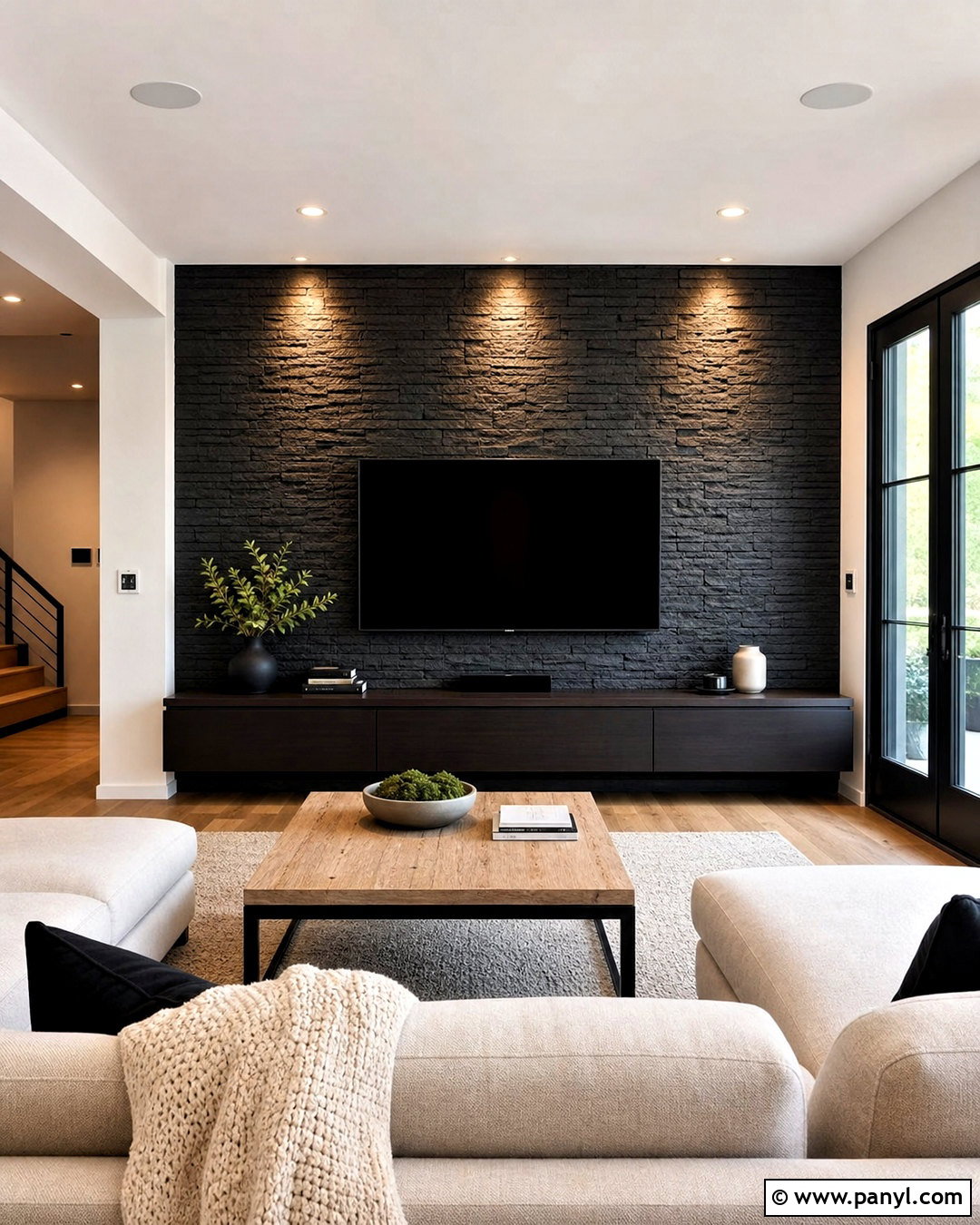 Black Stone TV Wall With Cream Furniture - 20 tv wall design black ideas
