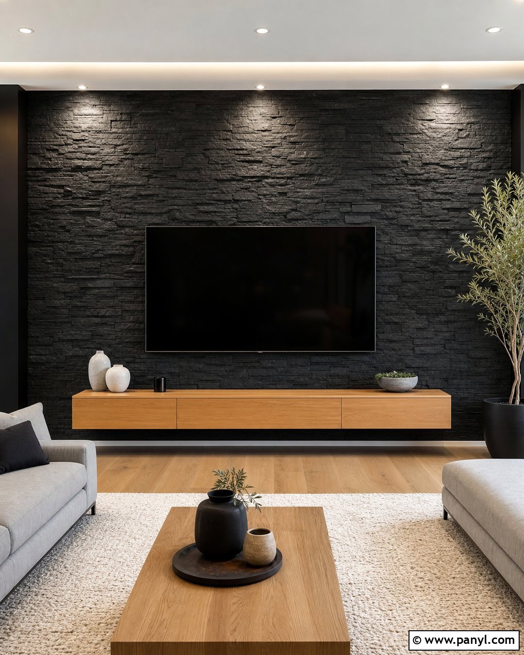 Black Stone TV Wall - 35 Black Wall Behind Tv Ideas