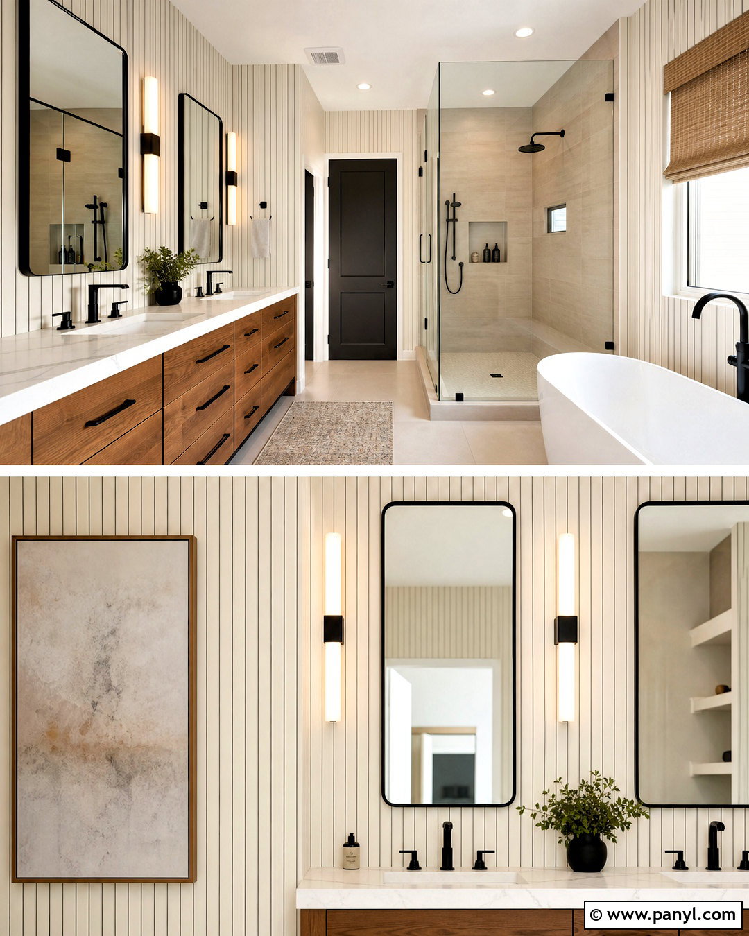 Black Stripes With Natural Wood Vanity - 20 striped bathroom walls