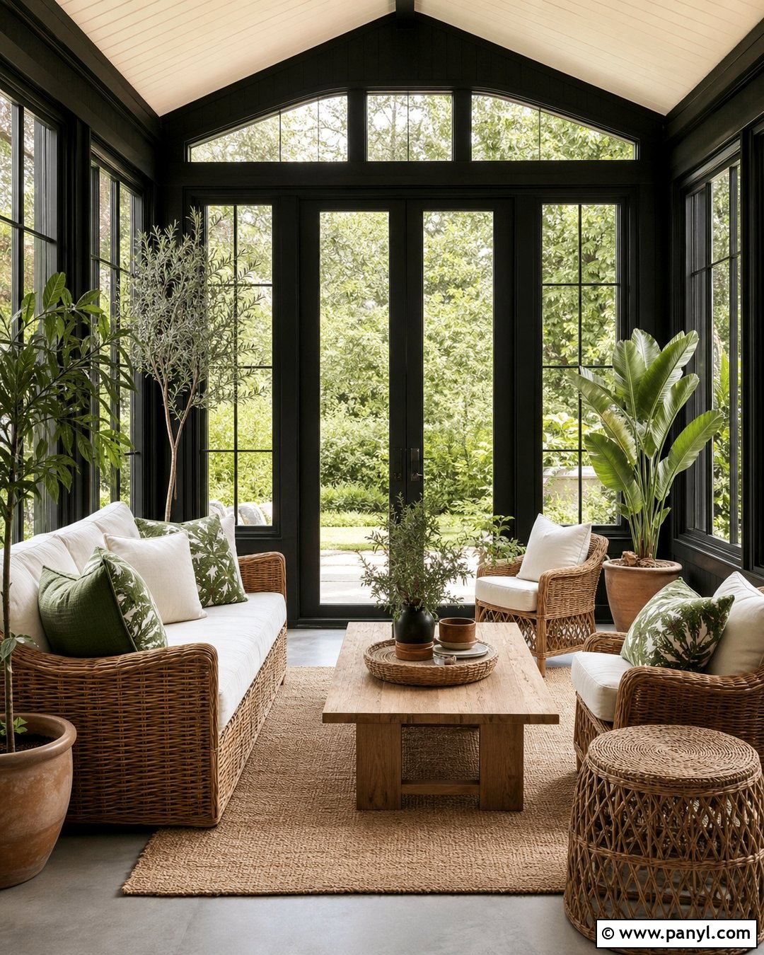 Black Sunroom With Rattan Furniture - 35 black painted room ideas