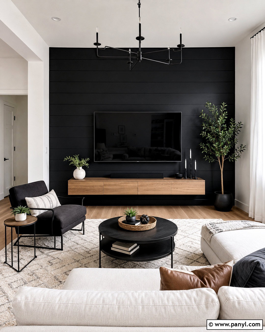 Black TV Wall Living Room - 20 White Room With One Black Wall Ideas