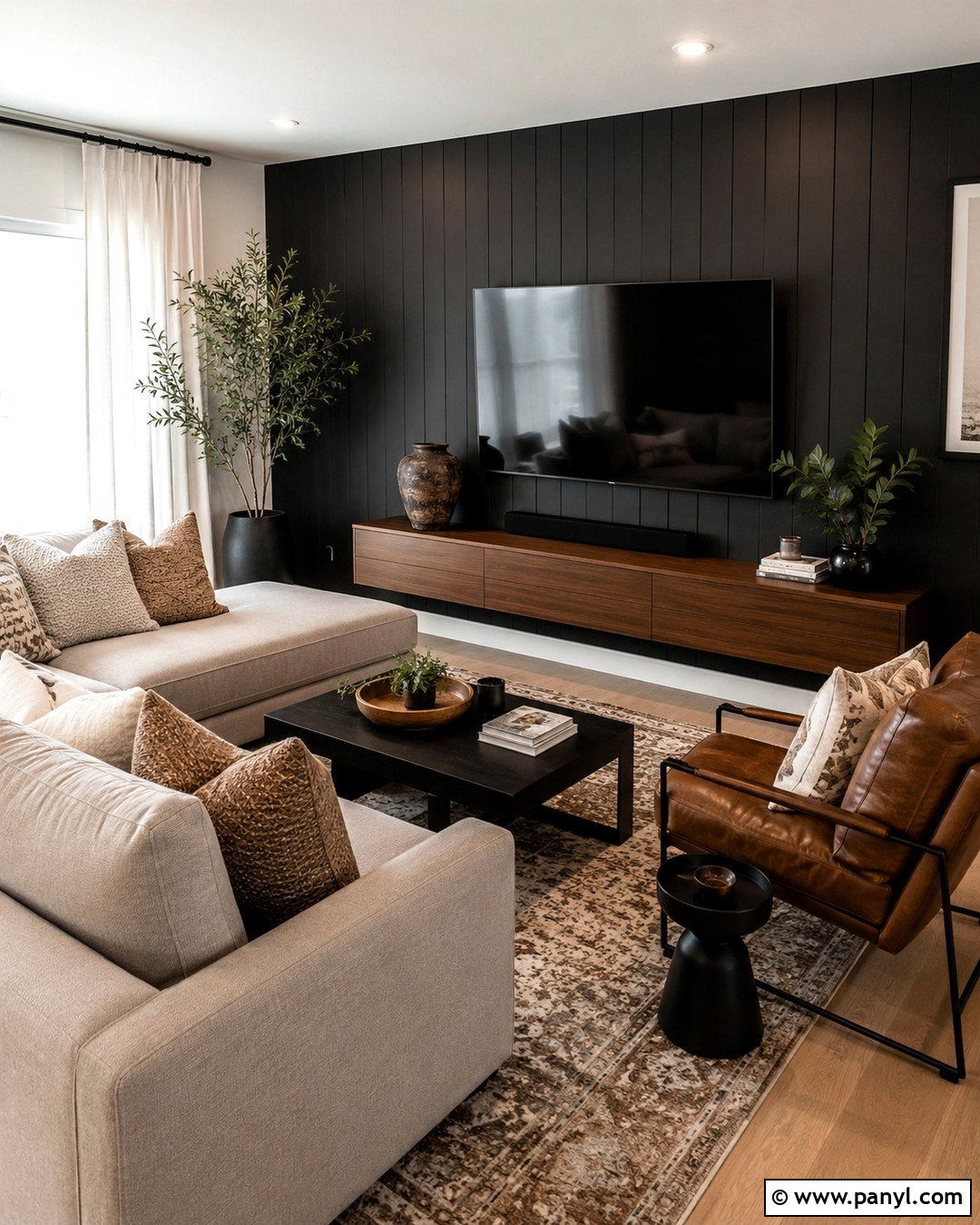 Black TV Wall With Brown Floating Console - 20 Brown Black Accent Wall Ideas