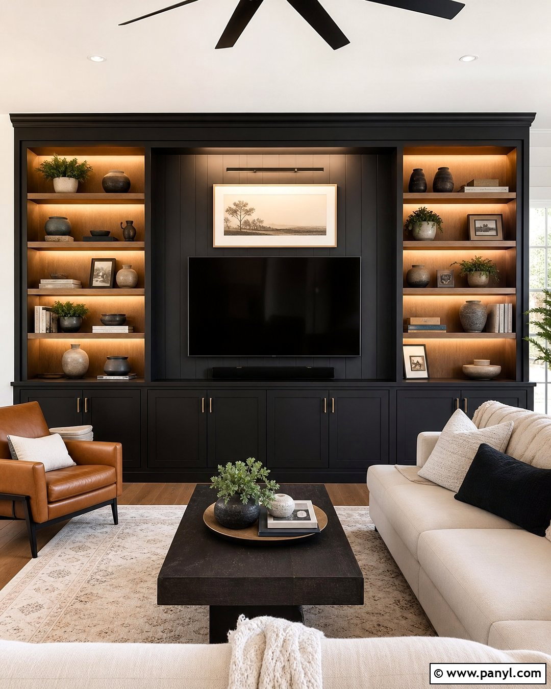 Black TV Wall With Built-In Shelves - 35 Black Wall Behind Tv Ideas