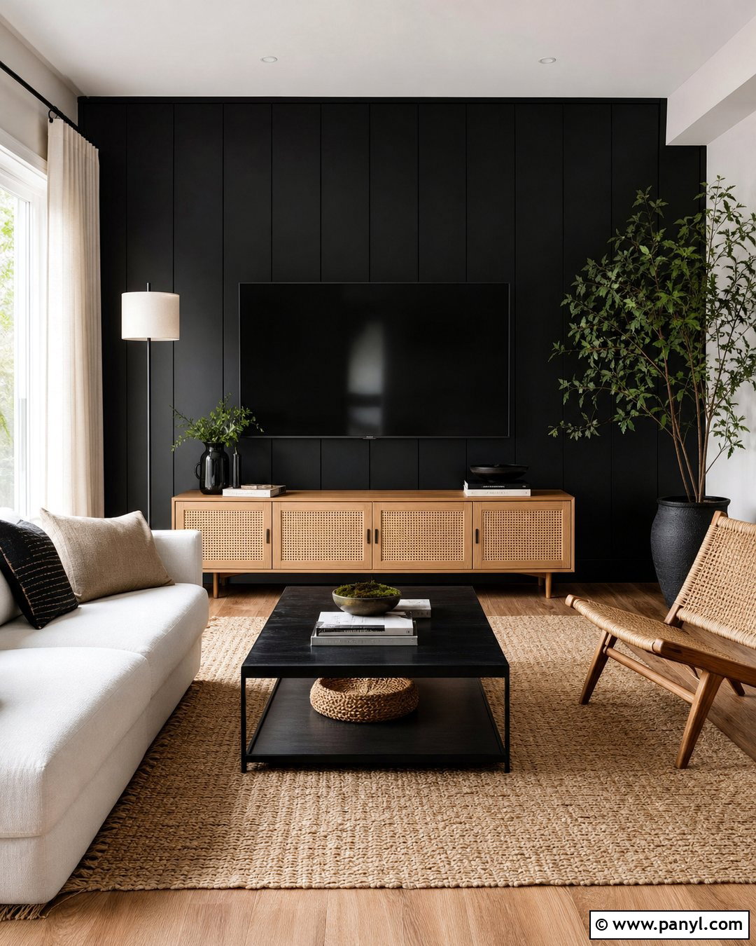 Black TV Wall With Cane Media Console - 35 Black Wall Behind Tv Ideas