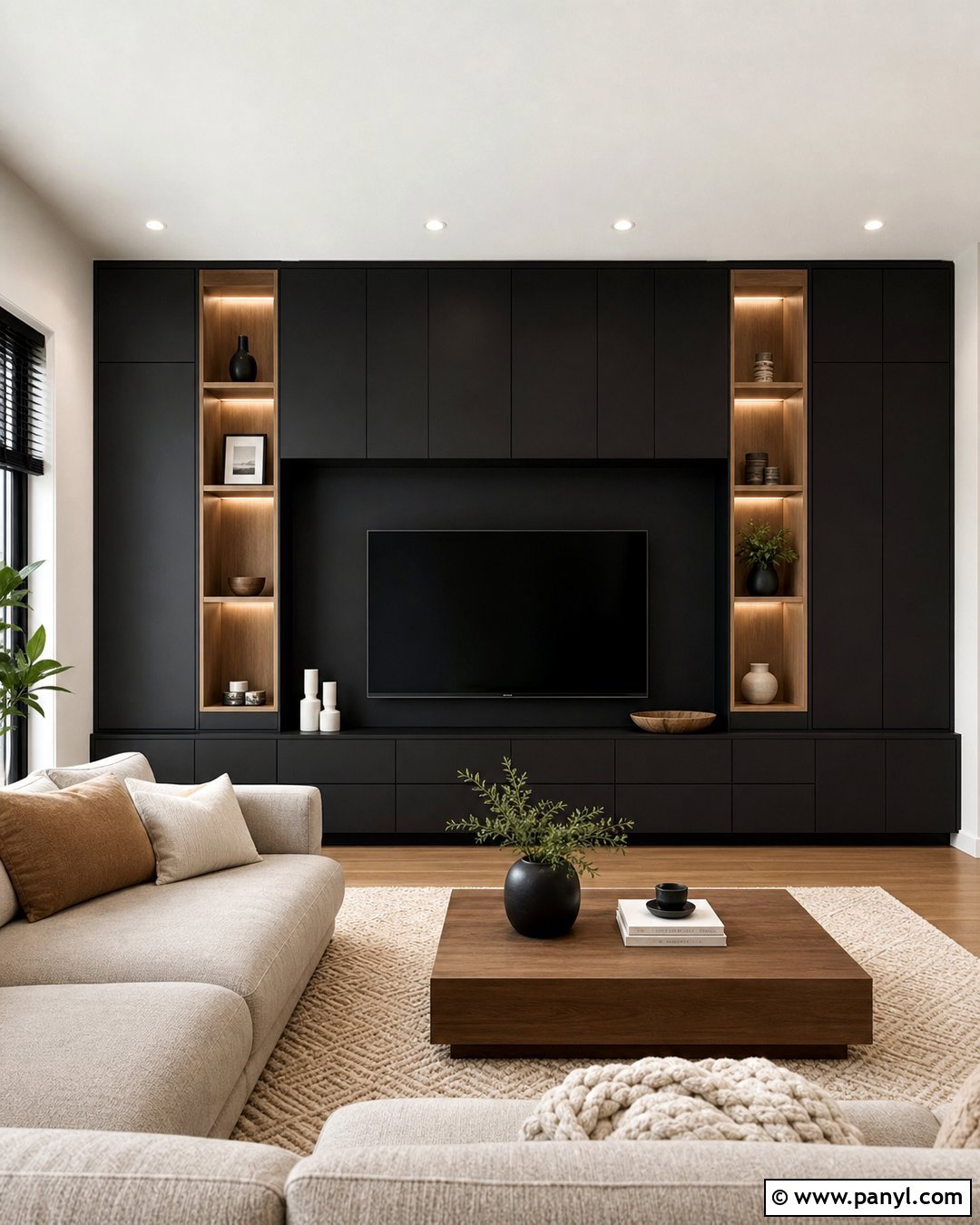 Black TV Wall With Closed Cabinets - 35 Black Wall Behind Tv Ideas