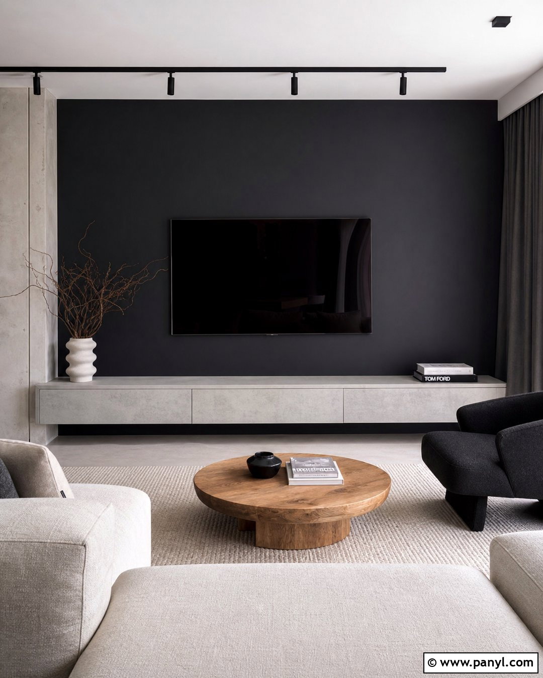 Black TV Wall With Concrete Floating Console - 35 Black Wall Behind Tv Ideas