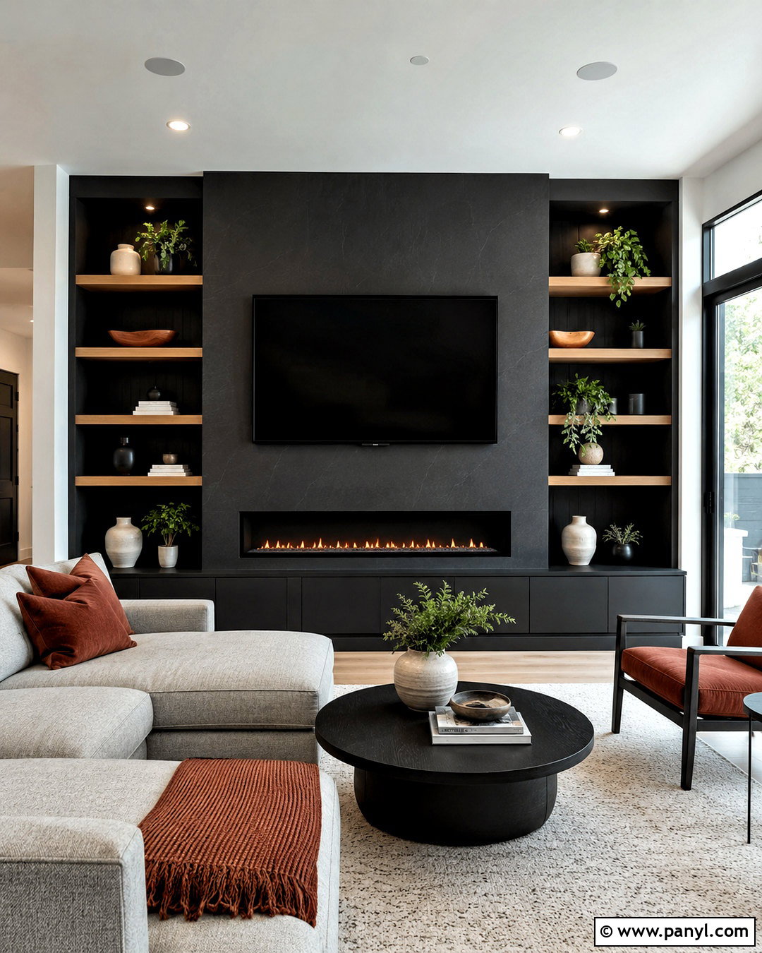 Black TV Wall With Electric Fireplace - 20 dark tv wall living room ideas