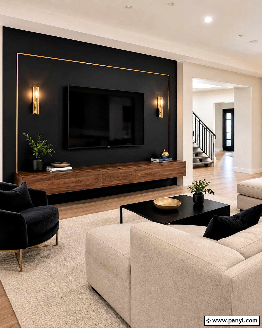 Black TV Wall With Gold Trim - 20 black and gold accent wall ideas