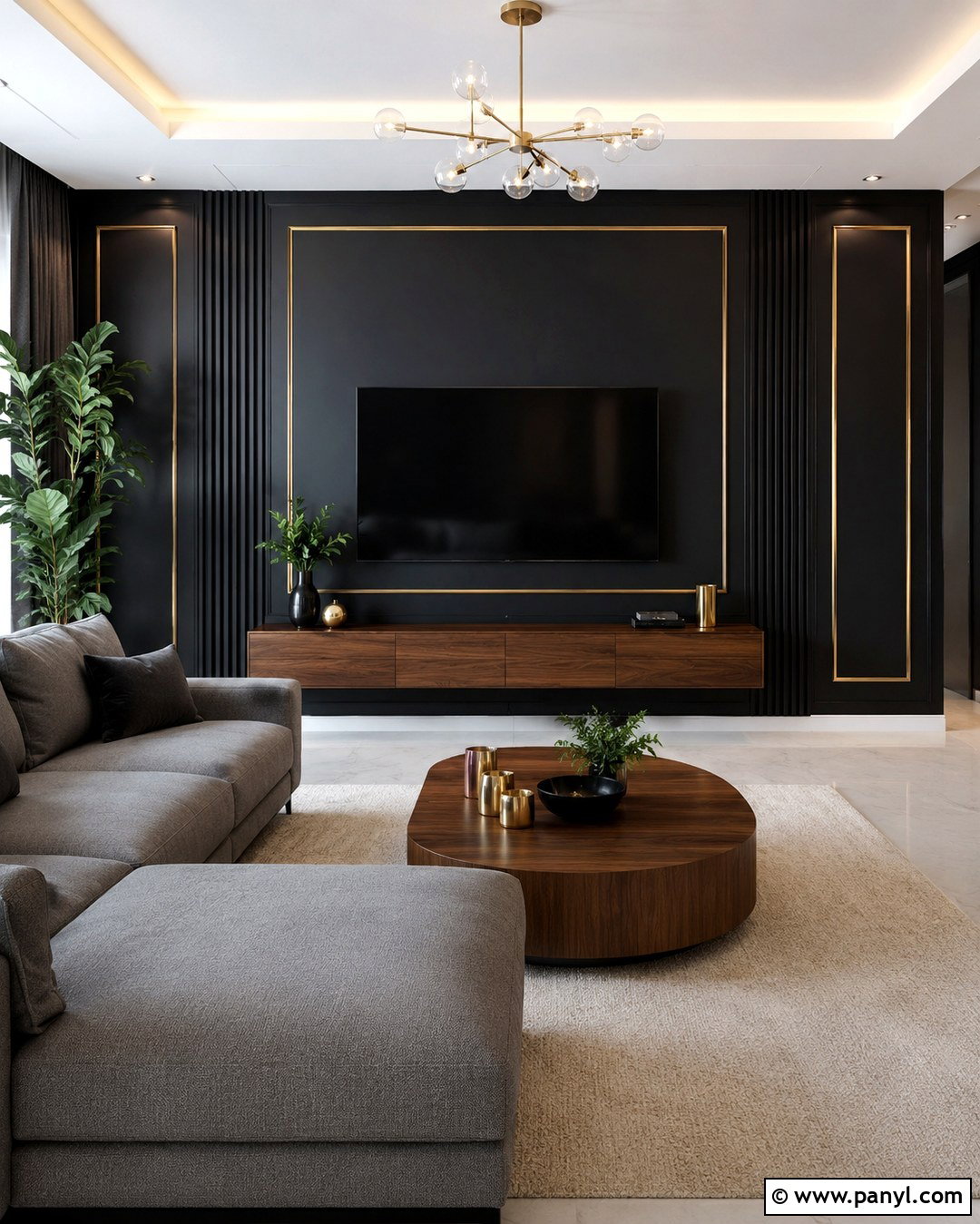Black TV Wall With Gold Trim - 20 Black Walls Gold Trim Ideas