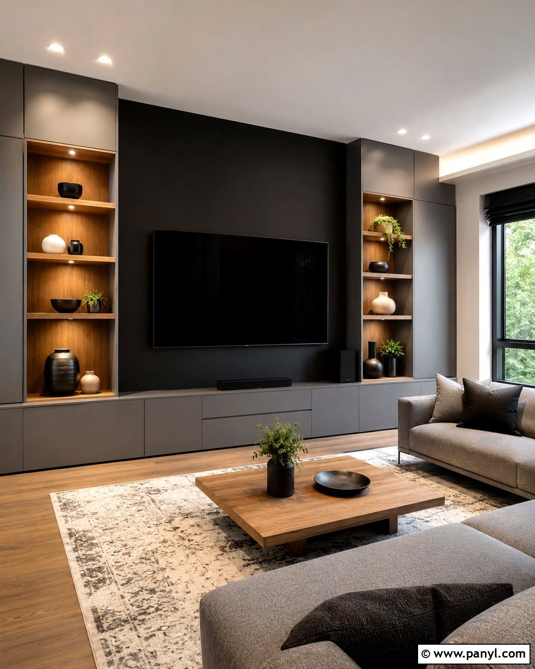 Black TV Wall With Grey Built Ins - 20 Black And Grey Wall Paint Ideas