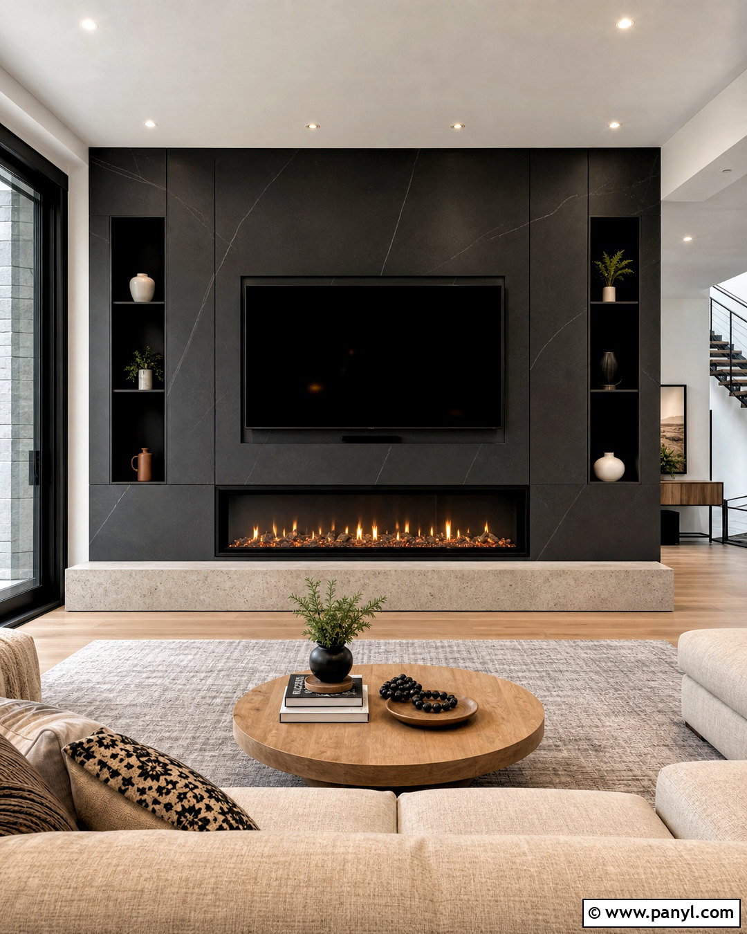 Black TV Wall With Linear Fireplace - 20 tv wall design black ideas