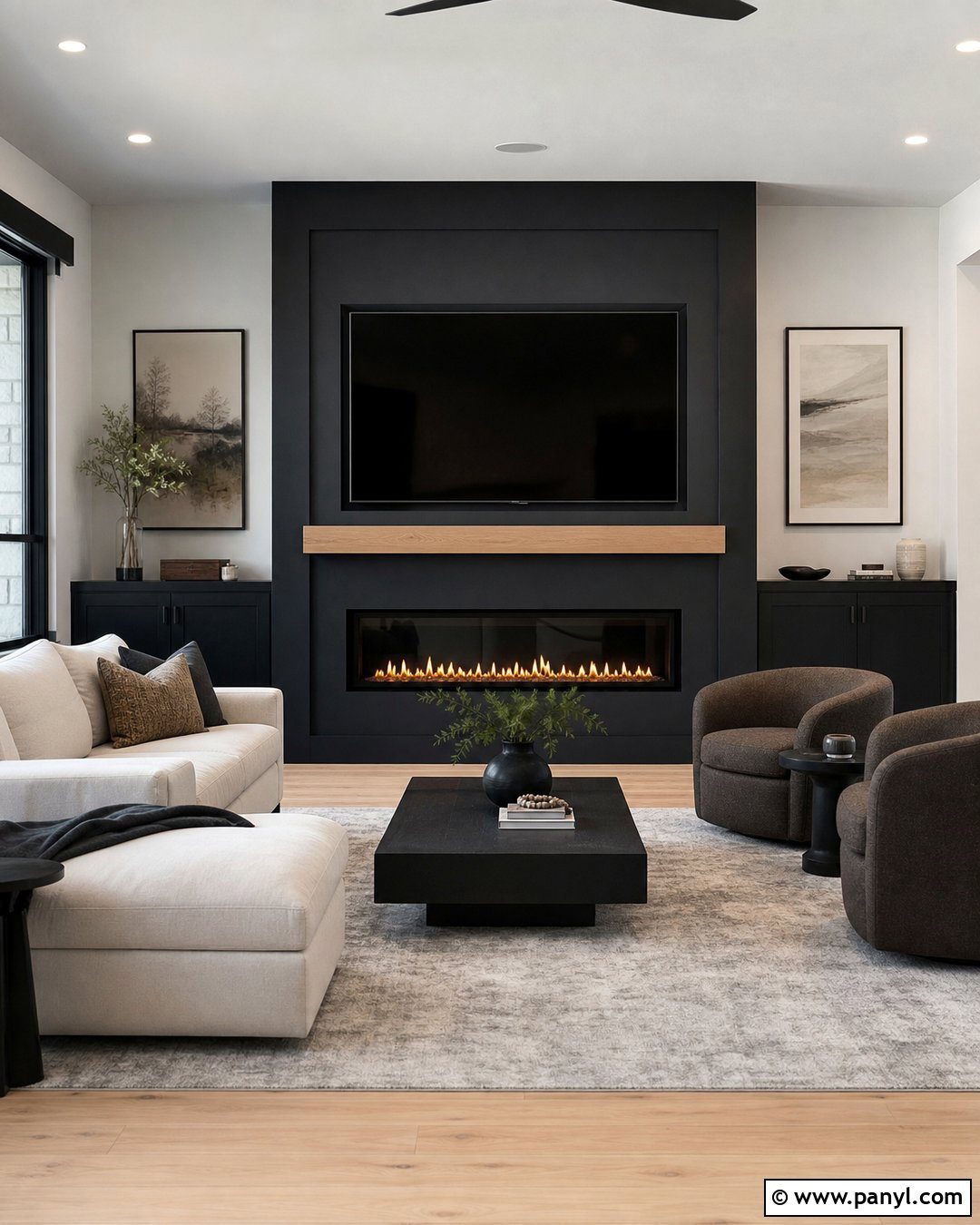 Black TV Wall With Linear Fireplace - 35 Black Wall Behind Tv Ideas