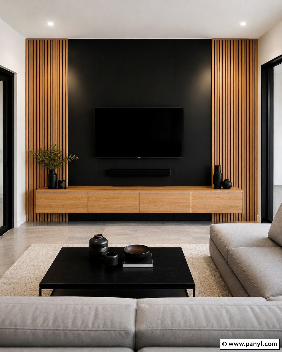 Black TV Wall With Natural Wood Slats - 20 Black Accent Wall With Wood Trim Ideas