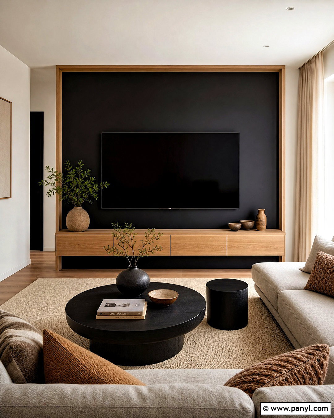 Black TV Wall With Oak Panel Frame - 20 tv wall design black ideas