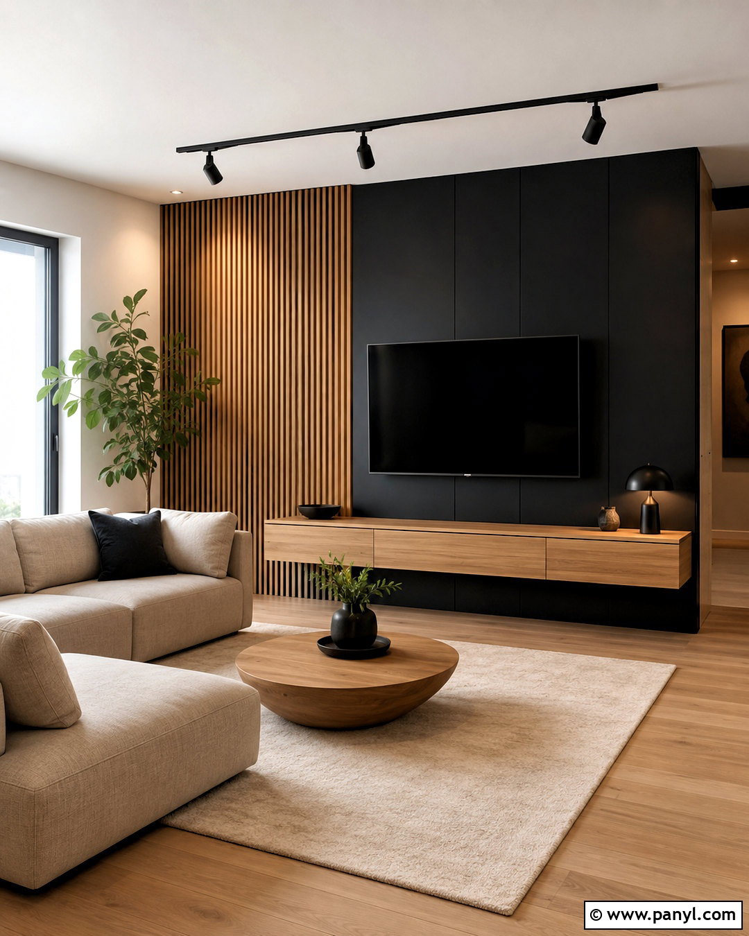Black TV Wall With Oak Slats - 20 black wall with wood slats