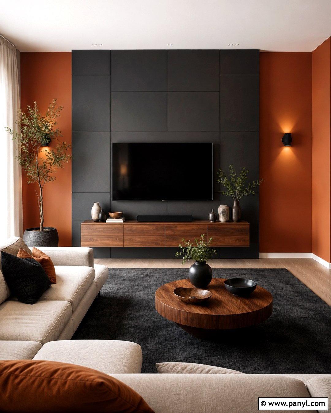 Black TV Wall With Orange Surrounding Walls - 20 black and orange walls