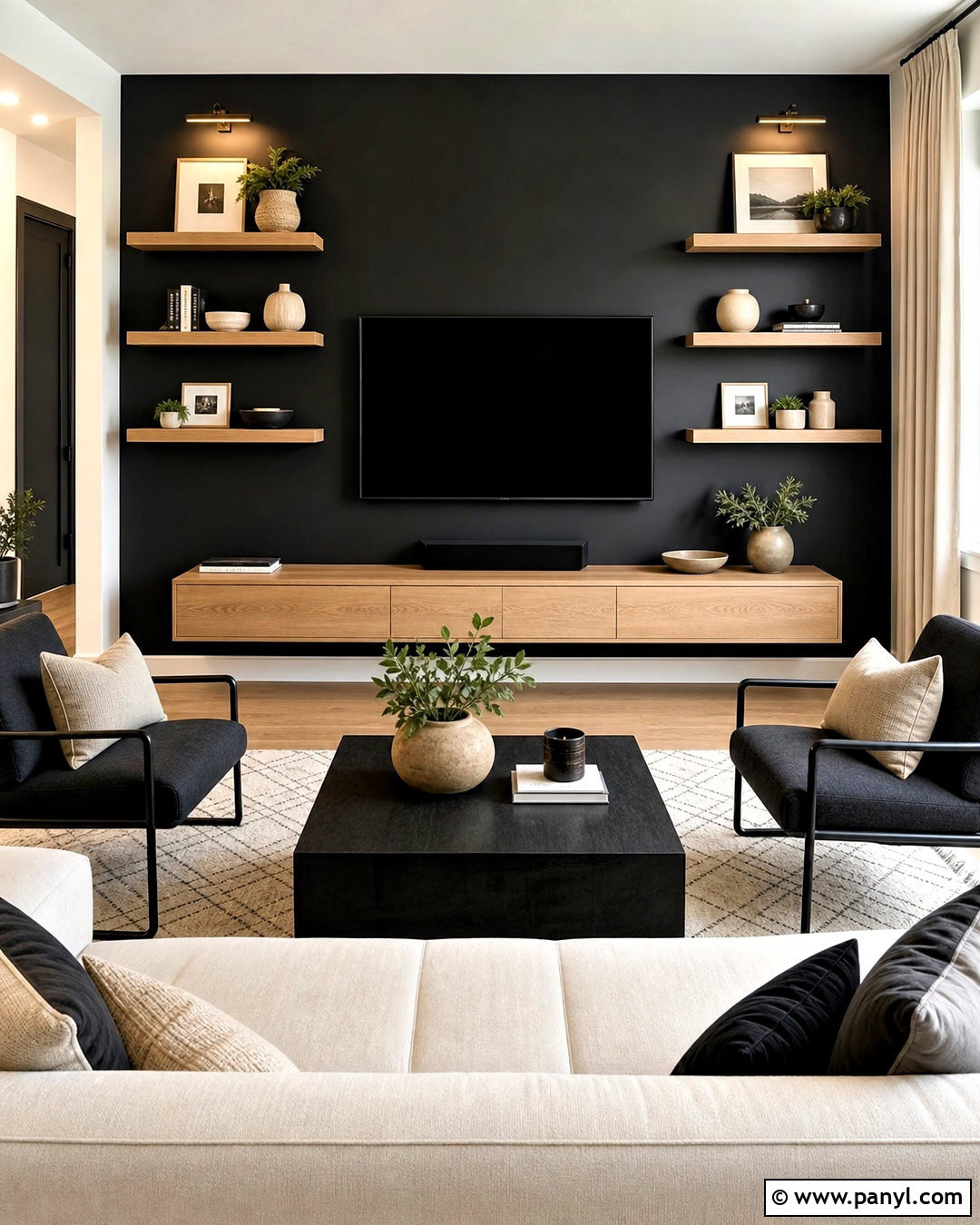 Black TV Wall With Symmetrical Floating Shelves - 20 tv wall design black ideas