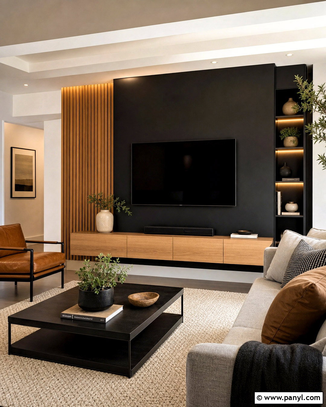 Black TV Wall With Vertical Wood Slats - 20 tv wall design black ideas
