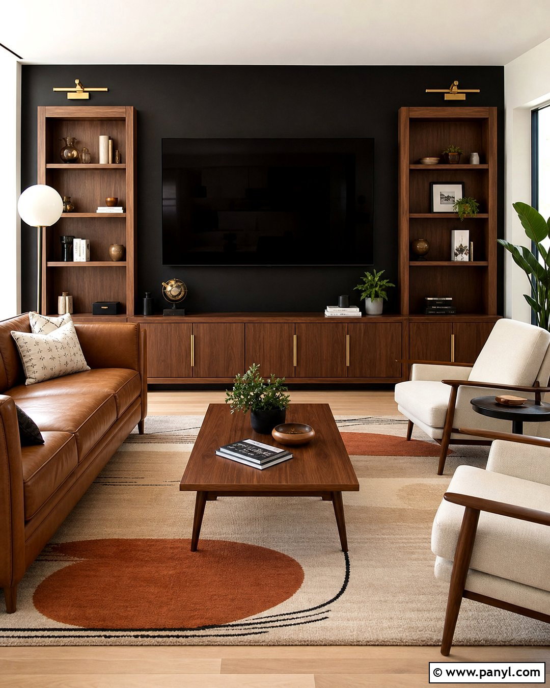 Black TV Wall With Walnut Built-Ins - 35 Black Wall Behind Tv Ideas