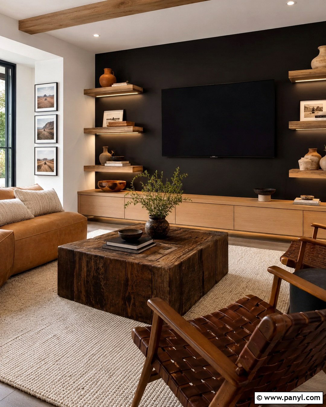 Black TV Wall With Western Built-Ins - 20 Black Accent Wall Living Room Western Ideas