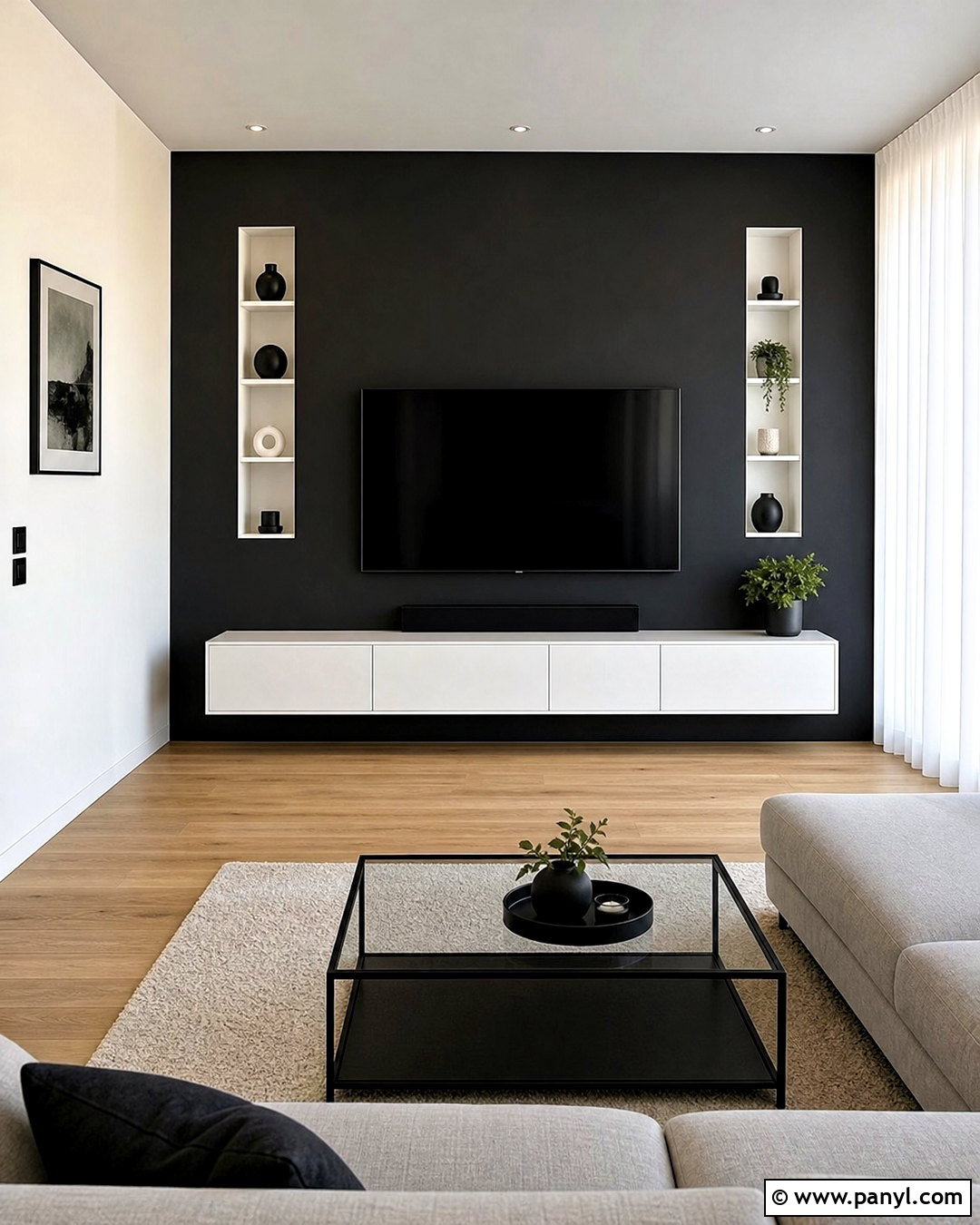 Black TV Wall With White Floating Console - 20 tv wall design black ideas