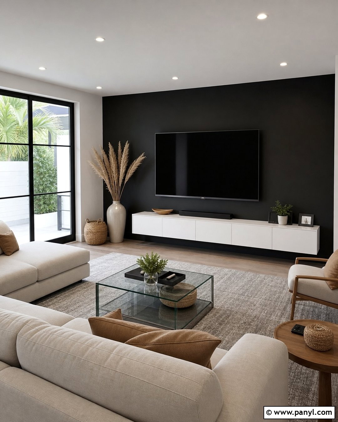 Black TV Wall With White Media Console - 35 Black Wall Behind Tv Ideas