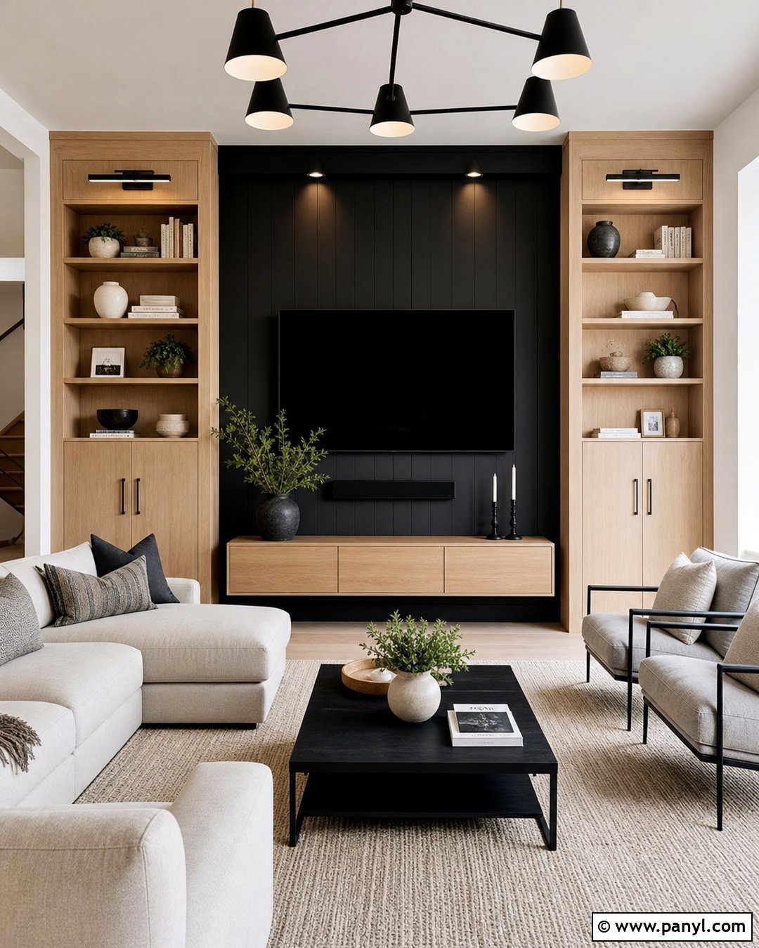 Black TV Wall With White Oak Built-Ins - 35 Black Wall Behind Tv Ideas