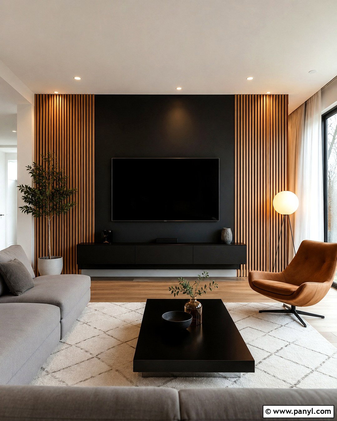 Black TV Wall With Wood Slats - 20 Tv Wall Dark Paint Ideas