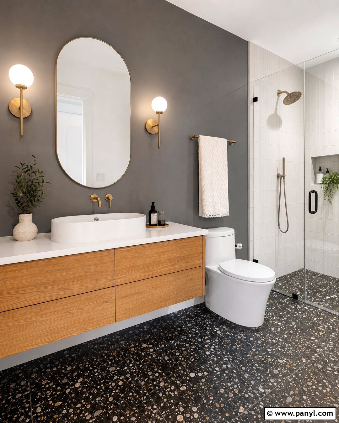 Black Terrazzo Floor With Gray Walls - 20 Bathroom Black Floor Grey Walls