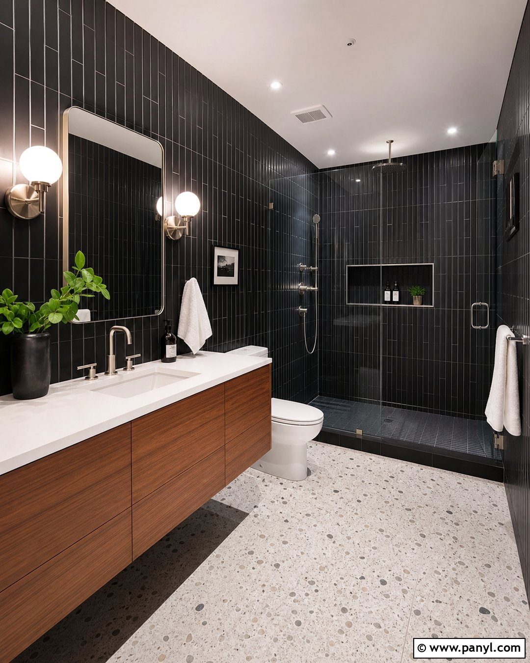 Black Tile Bathroom With Glass Shower - 20 Elegant Bathroom With Dark Walls