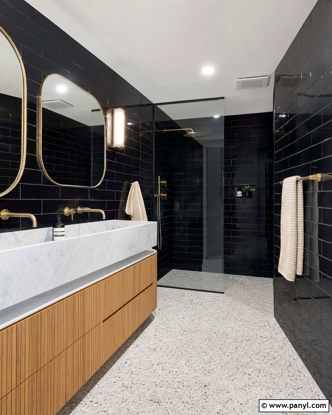 Black Tile Bathroom With Marble Trough Sink - 20 Modern Bathroom With Dark Walls And Marble Sink Ideas
