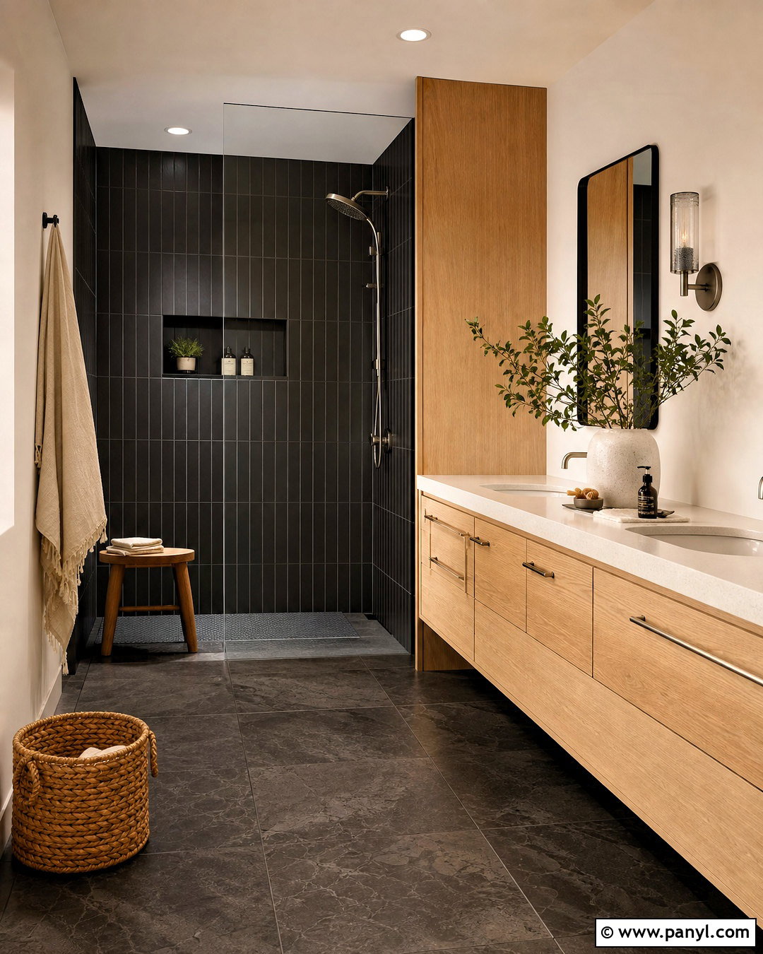Black Tile Bathroom With Oak Vanity - 20 dark bathroom ideas modern ideas